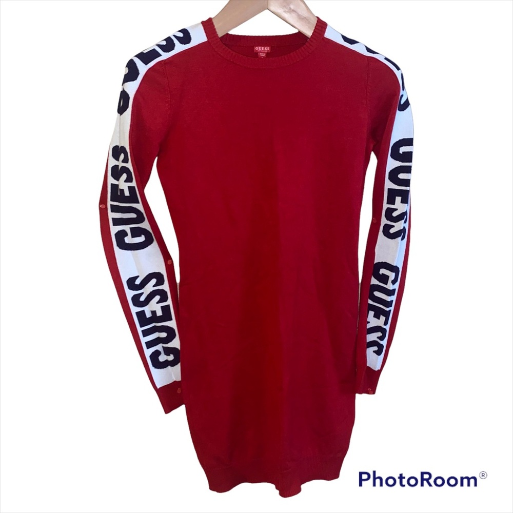 GUESS Red Knit Bodycon Logo Sleeve Rayon Viscose Blend Dress M